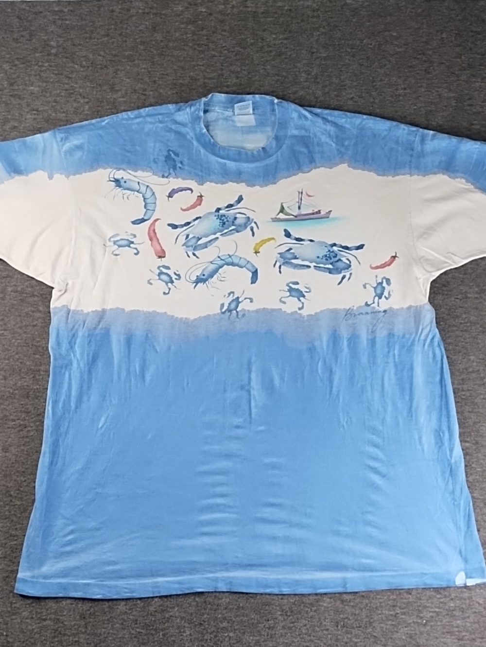 Fruit of the Loom Blue and White Seafood Graphic Short-Sleeve Tee